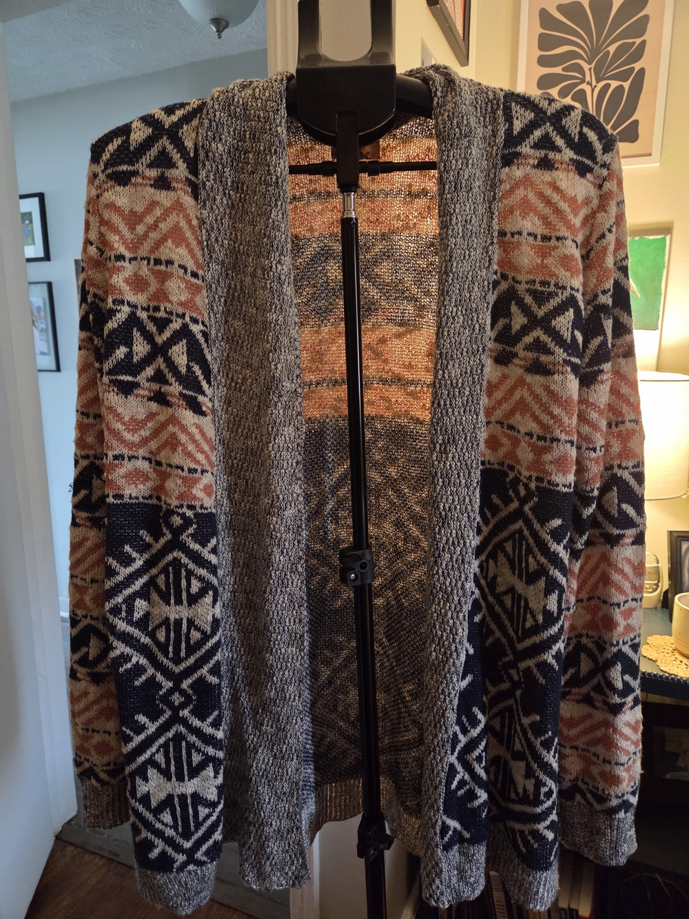 Hippie Rose Open-Front Cozy Patterned Cardigan Sweater - Pink, Navy, Gray Large